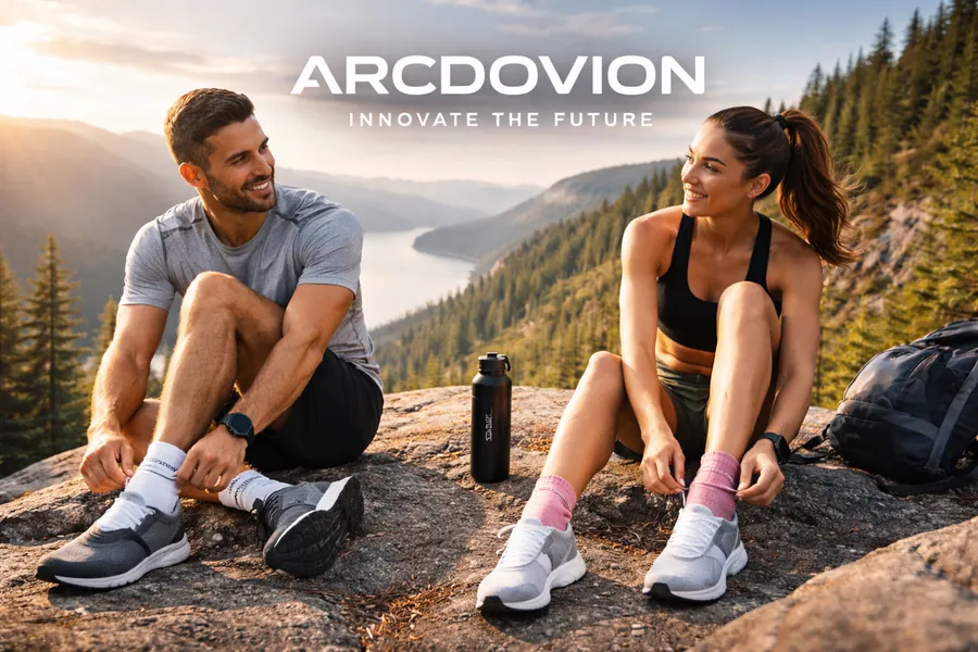 Two people wearing ARCDOVION socks while resting beside a mountain lake