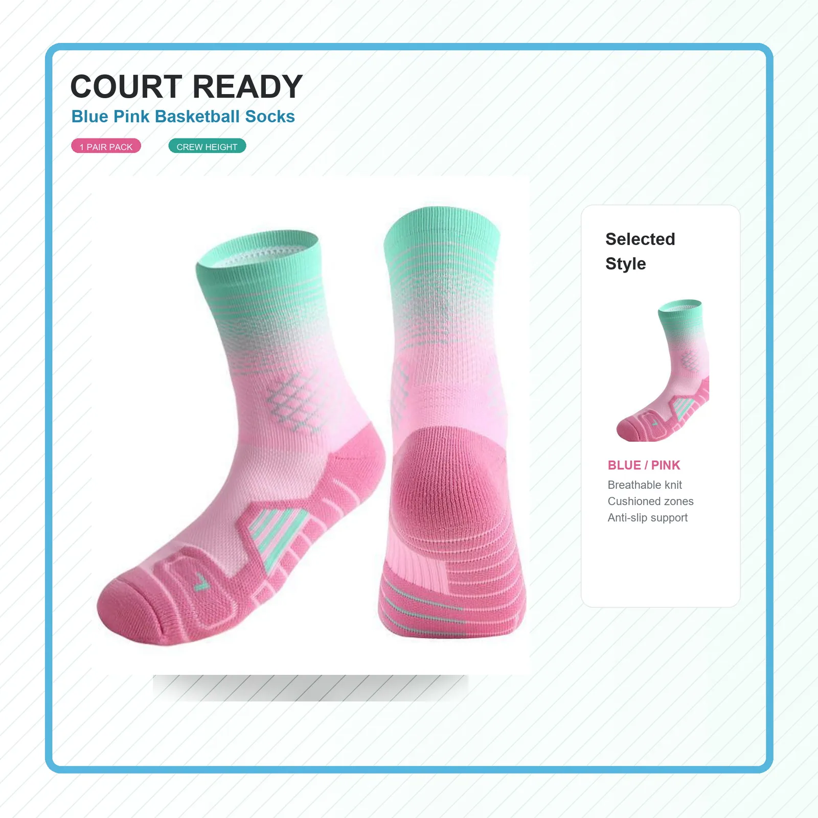Mint and pink court-inspired socks showing their color-block construction