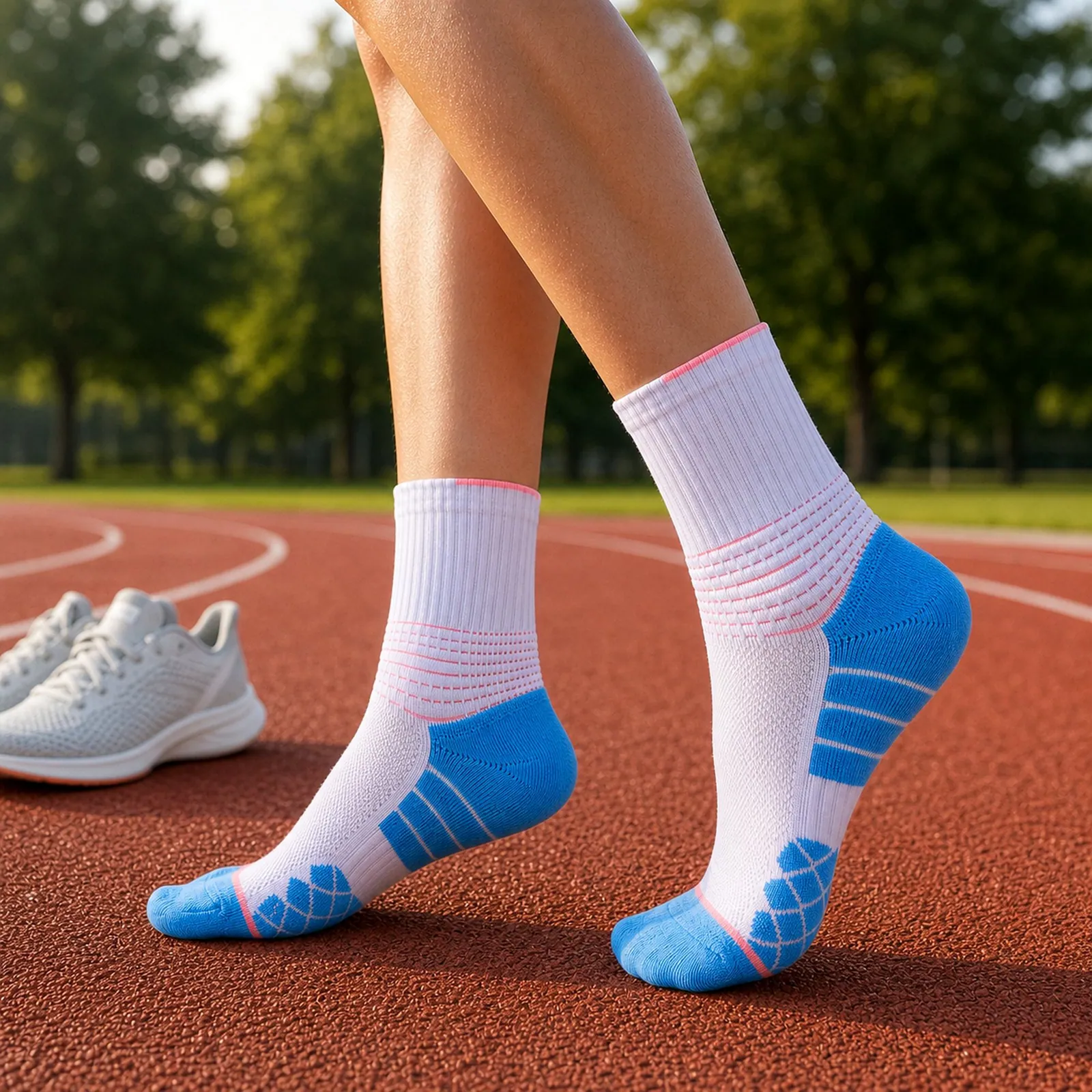 White crew socks with blue heel and toe panels, worn on a running track