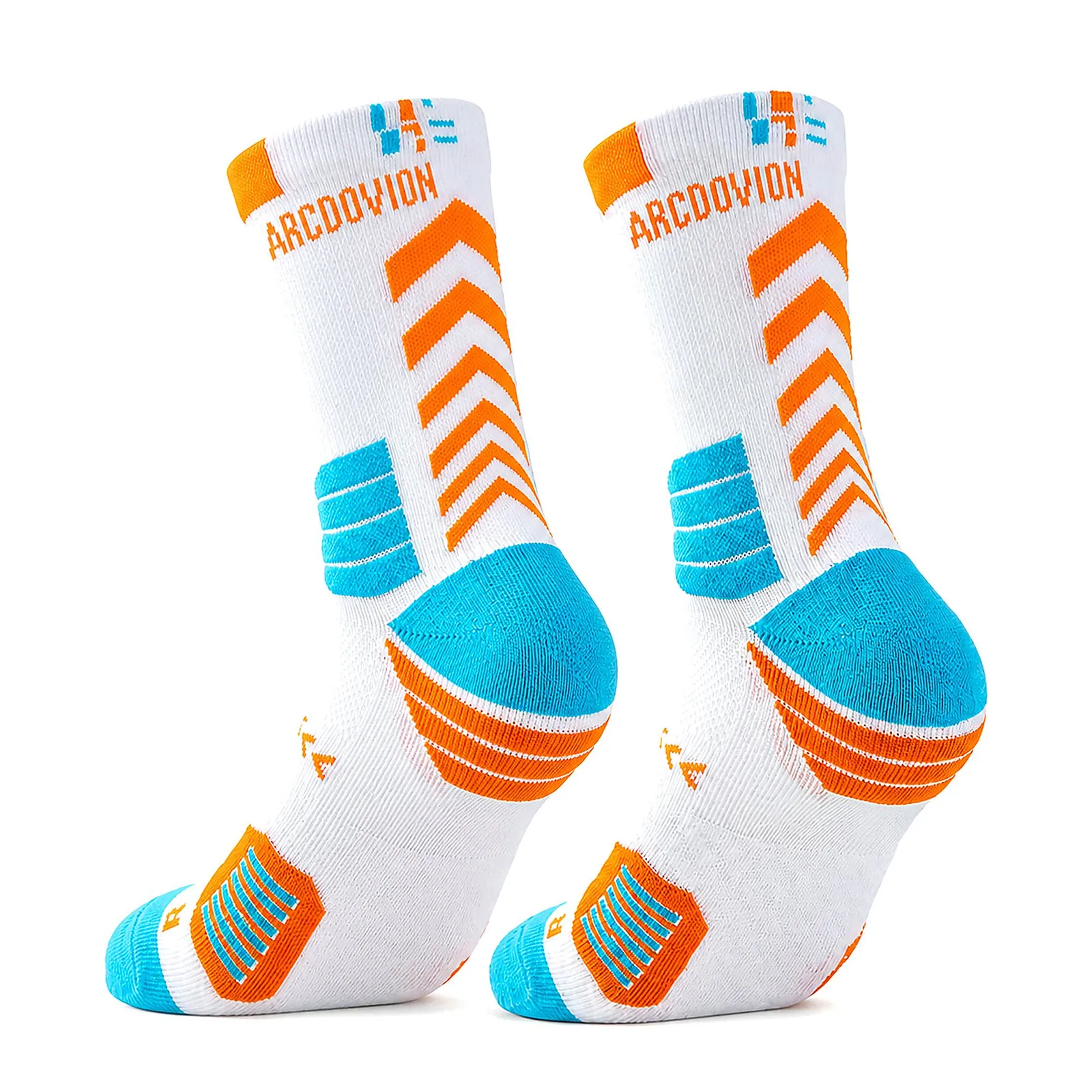 ARCDOVION white socks with orange chevrons and aqua color blocks